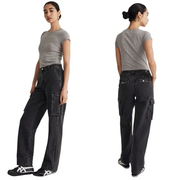 Madewell Low-Slung Straight Cargo Jeans Faded Black Baggy Slouchy Women’s W33P - Picture 4 of 17